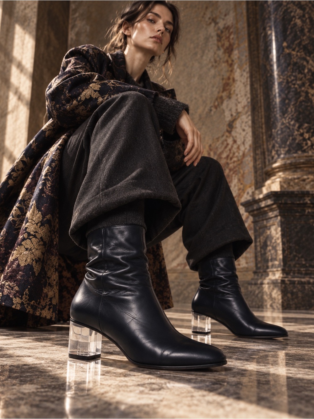Dries Van Noten Black Leather Ankle Boots Clear Lucite Heel EU 39.5